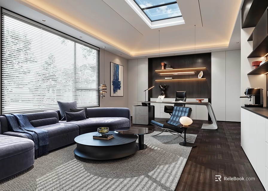 Modern Office with Skylight Large Windows Navy Sofa Round Coffee Table Work Desk Wooden Flooring 3d model 