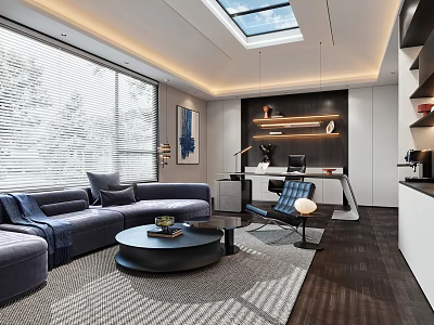 Modern Office with Skylight Large Windows Navy Sofa Round Coffee Table Work Desk Wooden Flooring 3d model