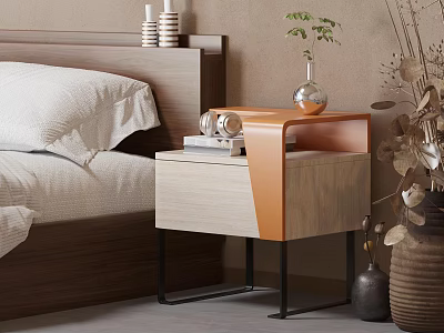 Modern Wooden Nightstand With Orange Accent Black Metal Legs And Vase With Plant Books 3d model