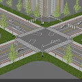 Road Intersection Facilities With Traffic Lights Traffic Lanes Pedestrian Walkways And Green Belt Trees