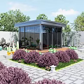 Rockery Stones In Modern Garden Courtyard With Glass Pavilion And Purple Shrubs