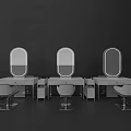 Three White Dressing Tables And Chairs With Oval Mirrors Against Gray Walls