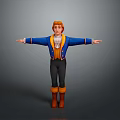 Red Haired Male Game Movie Character in Blue Coat Yellow Vest with Arms Outstretched
