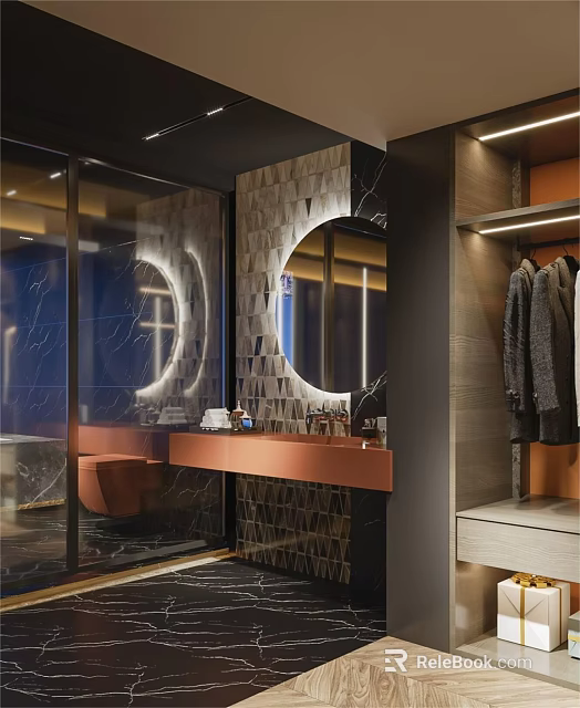 Luxury Modern Bathroom Interior Design With Backlit Round Mirror And Gorgeous Textured Wall Tiles 3d model 