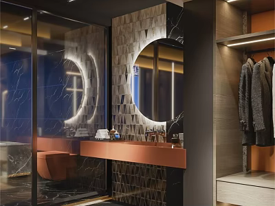 Luxury Modern Bathroom Interior Design With Backlit Round Mirror And Gorgeous Textured Wall Tiles 3d model
