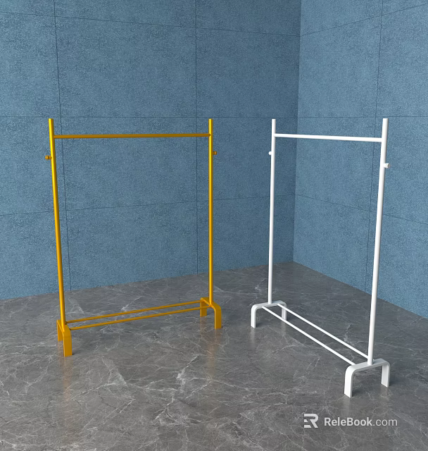 Simple Yellow And White Clothes Racks With Blue Wall And Gray Floor 3d model 