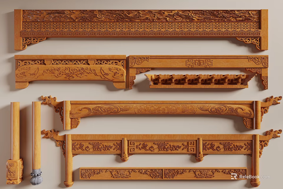 Intricately Detailed Carved Wooden Architectural Components With Ornate Traditional Patterns 3d model 