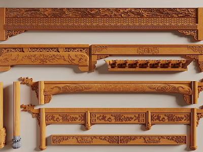Intricately Detailed Carved Wooden Architectural Components With Ornate Traditional Patterns 3d model