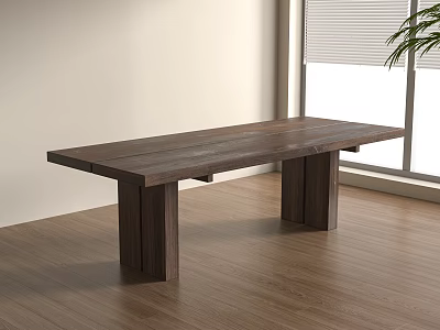 Modern Rectangular Wooden Dining Table In Bright Space With Wooden Floor Window And Green Plant 3d model