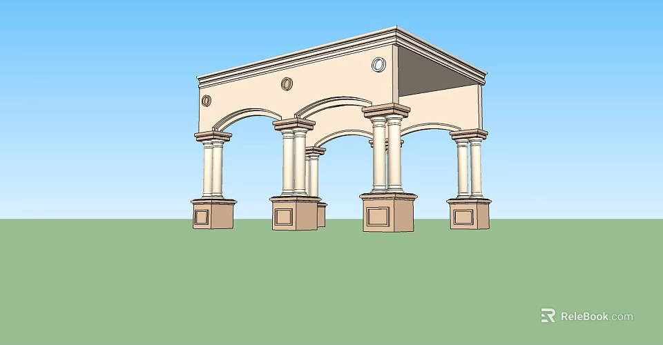 Classical Garden Pavilion With Arched Design Columns Beige Exterior Blue Sky Green Lawn 3d model 
