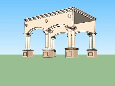 Classical Garden Pavilion With Arched Design Columns Beige Exterior Blue Sky Green Lawn 3d model