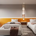 Modern Hotel Room With Double Beds Desk And Orange Chair