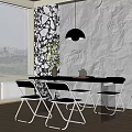 Modern Dining Table Set With Metal Frame Chairs Textured Wall And Pendant Light