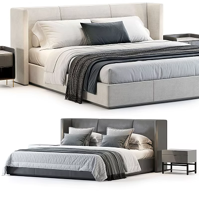 Modern Double Bed Interior With Stylish Headboard Soft Pillows Gray Blanket and Wooden Nightstand 3d model