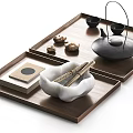 Minimalist Decorative Ornament Set With Wooden Trays Tea Cups Black Pot And Plant Leaves