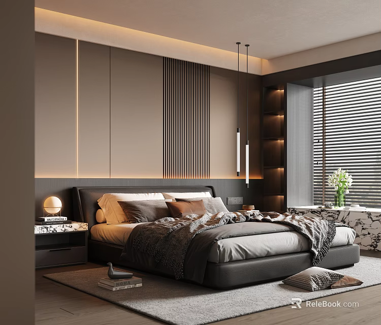 Modern Elegant Bedroom Interior With Striped Accent Wall LED Lights Nightstands Lamp Rug And Blinds 3d model 