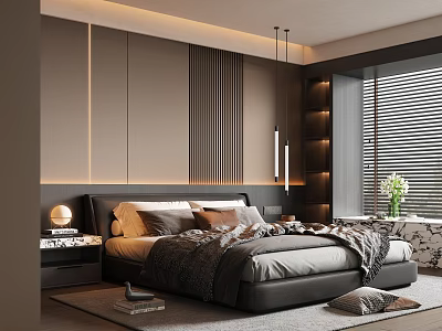 Modern Elegant Bedroom Interior With Striped Accent Wall LED Lights Nightstands Lamp Rug And Blinds 3d model