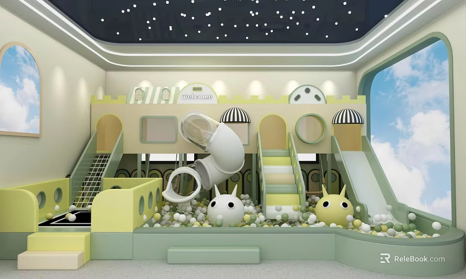 Fun Indoor Playground With Castle Slide Ball Pit Stairs And Yellow White Elements 3d model 