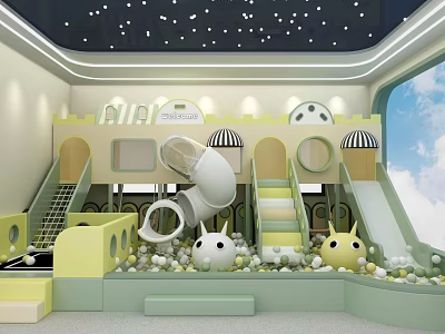 Fun Indoor Playground With Castle Slide Ball Pit Stairs And Yellow White Elements 3d model