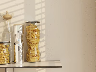 Ceramic Vessels For Pasta Storage On Kitchen Shelf With Sunlight Shadows 3d model