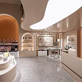 Elegant Modern Boutique Store With Curved Design Open Space Product Shelves And Marble Countertop