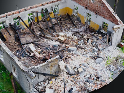 Collapsed Building Interior With Damaged Walls Scattered Debris And Exposed Beams 3d model