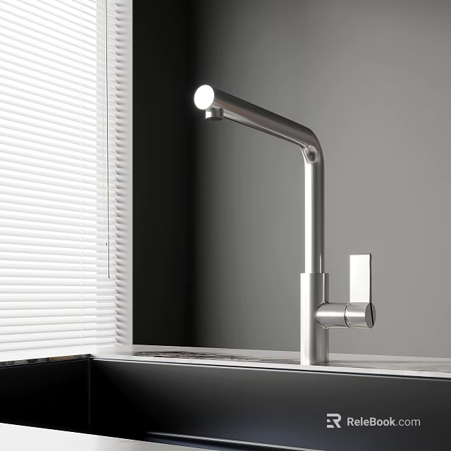 Modern Stainless Steel Kitchen Faucet With Sleek Design Near Window Blinds On Sink 3d model 