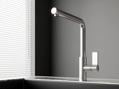 Modern Stainless Steel Kitchen Faucet With Sleek Design Near Window Blinds On Sink 3d model