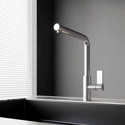 Modern Stainless Steel Kitchen Faucet With Sleek Design Near Window Blinds On Sink 3d model