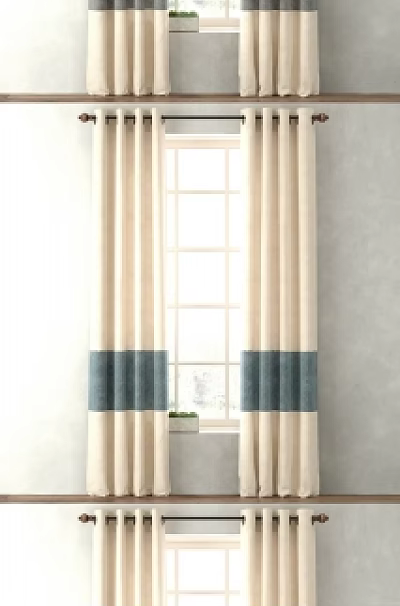 Beige Curtains With Gray Blue Green Stripes For Window Decoration 3d model