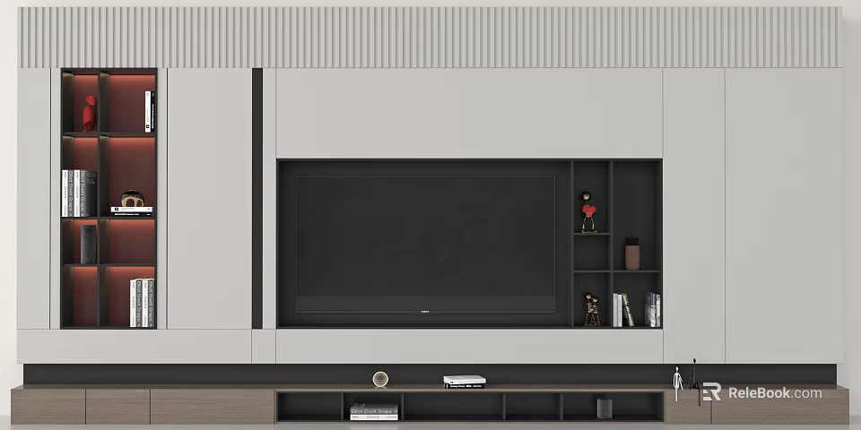 Modern TV Console Design With Large Screen TV Open Shelves And Decorative Items 3d model
