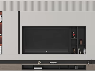 Modern TV Console Design With Large Screen TV Open Shelves And Decorative Items 3d model