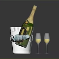 Champagne Bottle In Ice Bucket With Two Glasses Containing Champagne On Reflective Dark Background