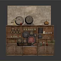 Vintage Wooden Wine Cabinet Against Stone Wall With Barrels Bottles And Shelves