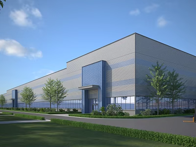 Modern Industrial Warehouse Exterior With Metal Facade Glass Windows And Landscaped Greenery 3d model