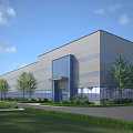 Modern Industrial Warehouse Exterior With Metal Facade Glass Windows And Landscaped Greenery