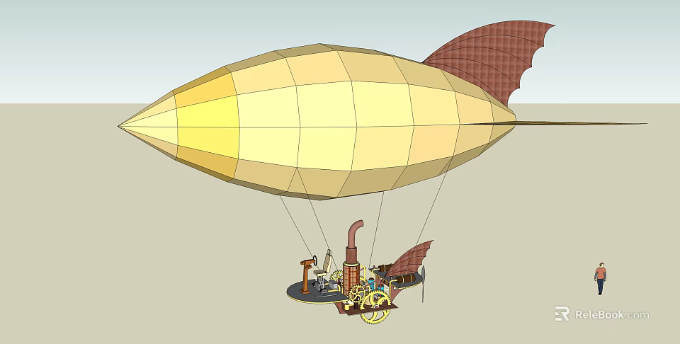 Vintage Steampunk Airship Design With Yellow Envelope Brown Tail And Mechanical Suspended Platform 3d model 
