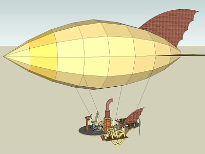Vintage Steampunk Airship Design With Yellow Envelope Brown Tail And Mechanical Suspended Platform 3d model