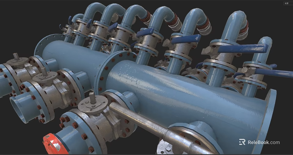 Industrial Equipment Pipeline System With Blue Pipes Valves And Flange Connections 3d model 