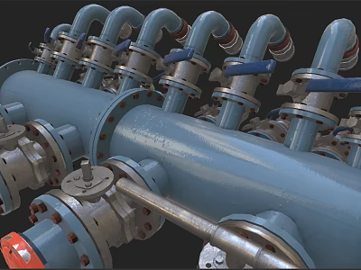 Industrial Equipment Pipeline System With Blue Pipes Valves And Flange Connections 3d model