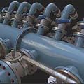 Industrial Equipment Pipeline System With Blue Pipes Valves And Flange Connections