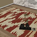 Red and Cream Square Rug with Abstract Pattern on Wooden Floor Living Room Interior