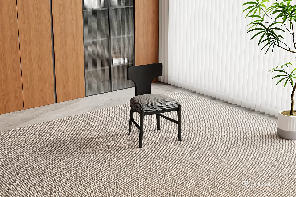 Stylish Black Single Chair With Wooden Cabinet Glass Door White Blinds And Light Carpet 3d model 