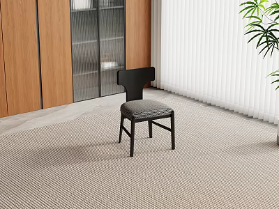 Stylish Black Single Chair With Wooden Cabinet Glass Door White Blinds And Light Carpet 3d model
