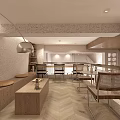 Modern Café Interior Design With Textured Wall Art Wooden Counter And Hanging Lights
