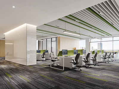 Modern Public Office Space With Ergonomic Workstations Large Windows Green Accents And Striped Carpet 3d model