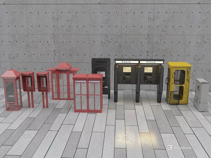 Various Colored Phone Booths As Advertising Billboards In Urban Area With Gray Wall 3d model 