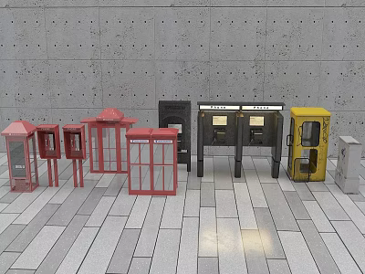 Various Colored Phone Booths As Advertising Billboards In Urban Area With Gray Wall 3d model