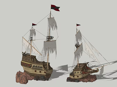 Vintage Sailing Ship Models With Black Flags Tattered White Sails On Rock Bases 3d model