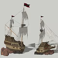 Vintage Sailing Ship Models With Black Flags Tattered White Sails On Rock Bases